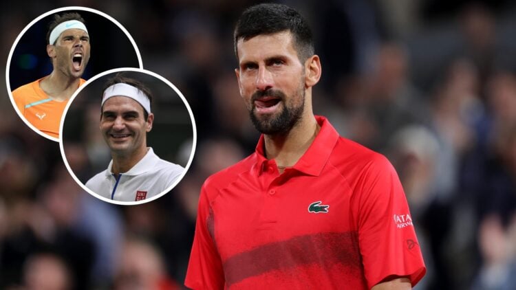 Novak Djokovic at Roland Garros 2025 with insets of Rafael Nadal and Roger Federer