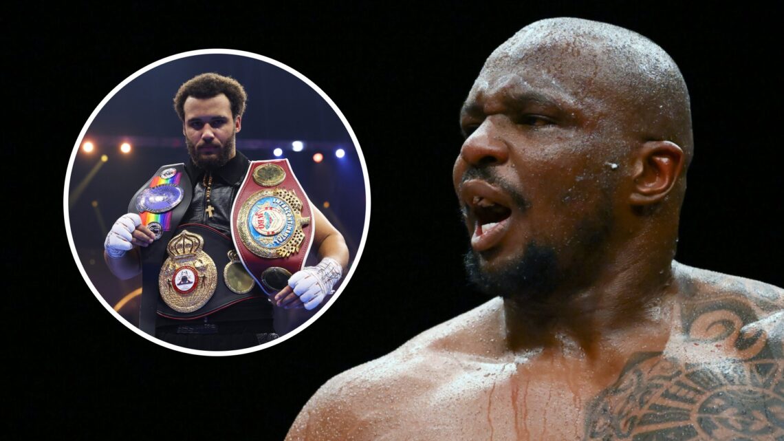 Dillian Whyte (right) glances during a boxing match, an overlay of Mose Itauma looking at the camera with a belt (left)