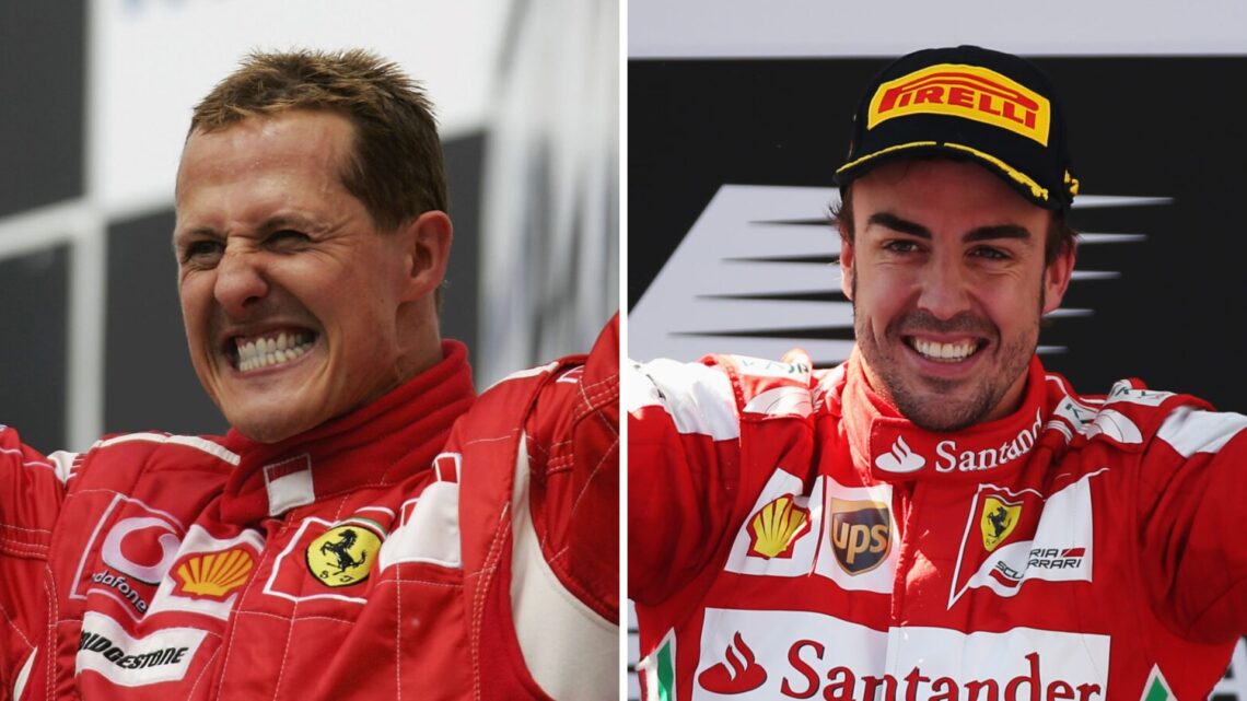 Left: Ferrari driver Michael Schumacher celebrates on the podium after winning the 2006 German Grand Prix. Right: Ferrari driver Fernando Alonso ce...