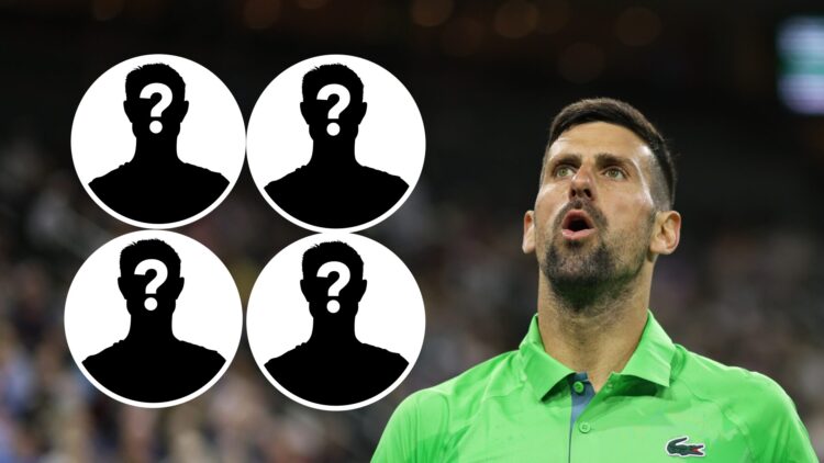 Novak Djokovic looks on and four mystery player insets