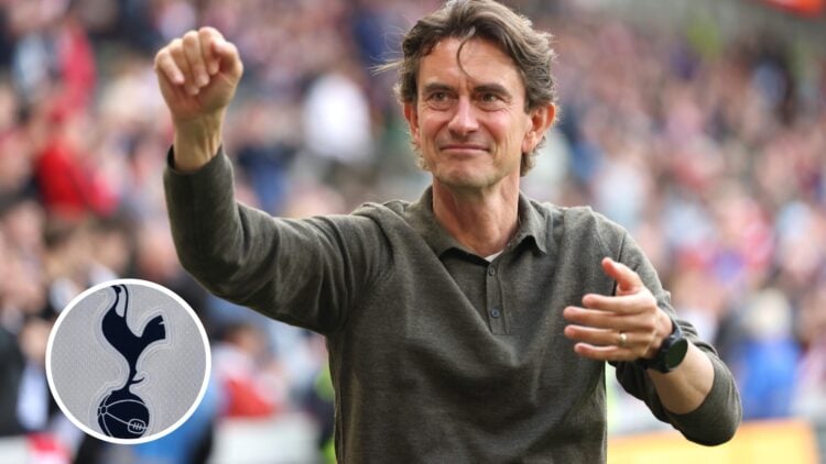 Thomas Frank acknowledges the Brentford fans after their 3-2 defeat at home to Fulham, the Tottenham Hotspur badge.