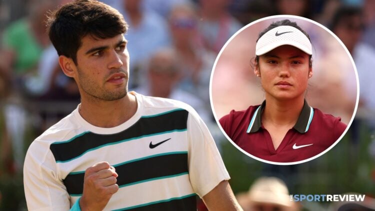 Carlos Alcaraz looks on and pumps fist (left), Emma Raducanu (right) in a mystery overlay