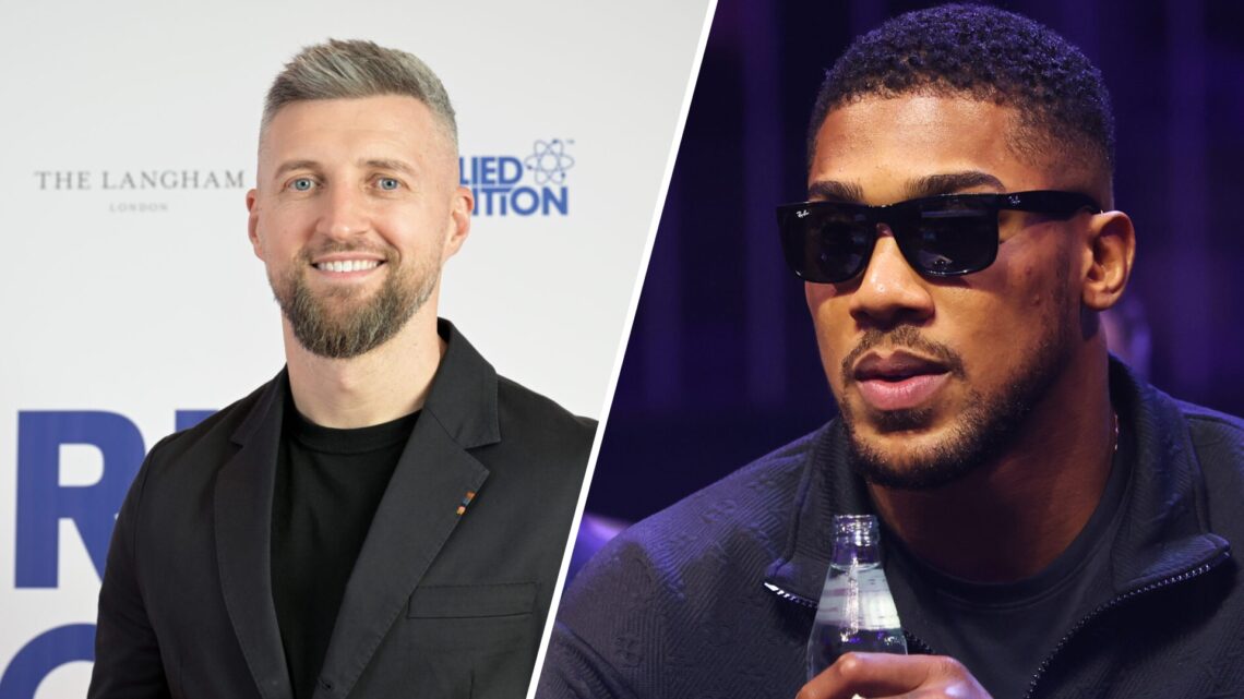 Carl Froch looks down the camera (left) and Anthony Joshua with sunglasses on in a press conference (right)