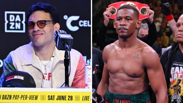 Julio Cesar Chavez Jr reacts to a question during his pre-fight press conference, Daniel Jacobs waits in the ring before his middleweight unificati...