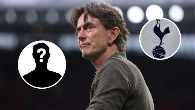 Thomas Frank looks on during Brentford's Premier League match at Arsenal, an inset of the Tottenham Hotspur badge, an inset of a mystery figure.