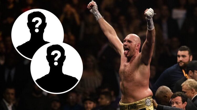 Tyson Fury celebrates his victory against Deontay Wilder with the crowd in 2018, insets of mystery men