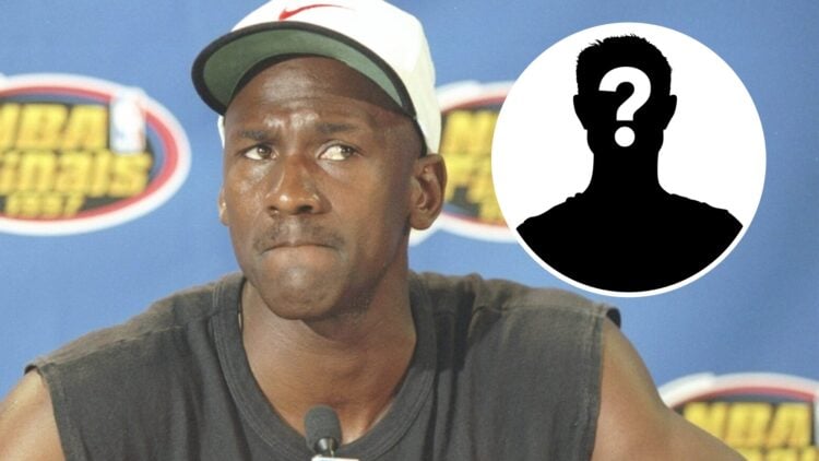 Michael Jordan of the Chicago Bulls speaks reporters during a practice before a playoff game against the Utah Jazz