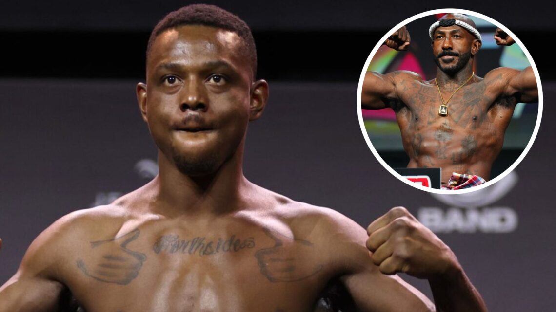 Jamahal Hill poses on the scales ahead of UFC 283, inset Khalil Rountree Jr. poses on the scales ahead of UFC 307