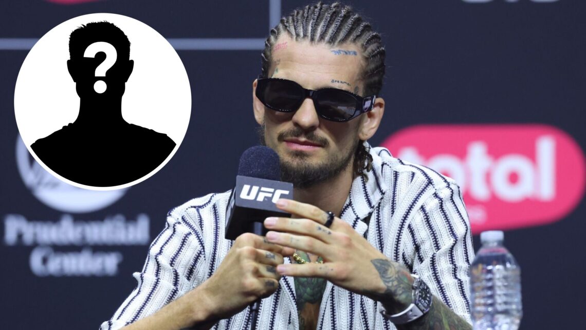 Sean O'Malley on stage at the UFC 316 press conference, inset mystery icon