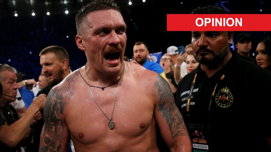 Oleksandr Usyk celebrates fighting victory with an opinion overlay
