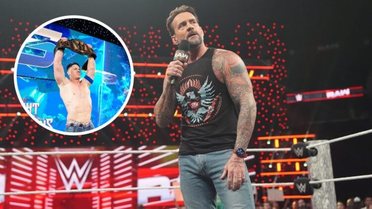 CM Punk cutting a promo on WWE Raw with an inset of John Cena on SmackDown
