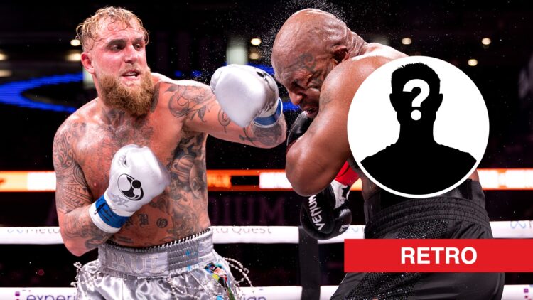 Jake Paul lands a punch on Mike Tyson during their fight in November 2024, an inset of a mystery man