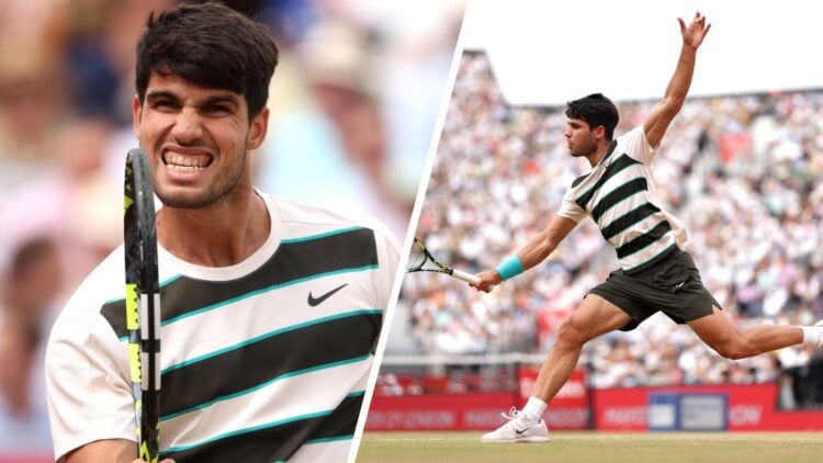 Carlos Alcaraz grins down to the camera (left) and Alcaraz in action at Queen's 2025 final (right)