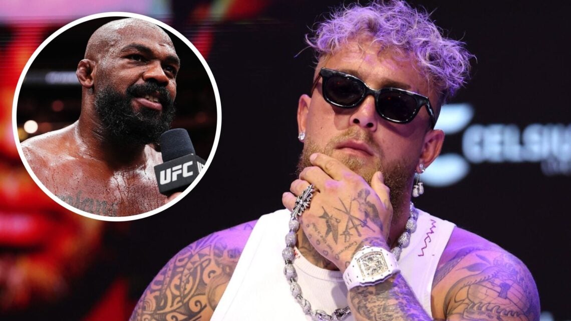 Jake Paul looks on during the press conference for his fight with Julio Cesar Chavez Jr, inset Jon Jones speaks after his UFC 309 win over Stipe Mi...