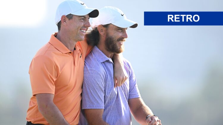 Rory McIlroy and Tommy Fleetwood embrace during the final round of the 2024 Dubai Invitational