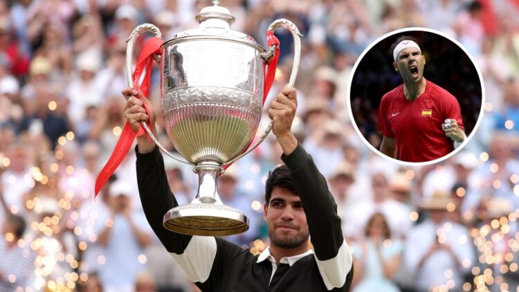 Carlos Alcaraz lifting the Queen's Club trophy