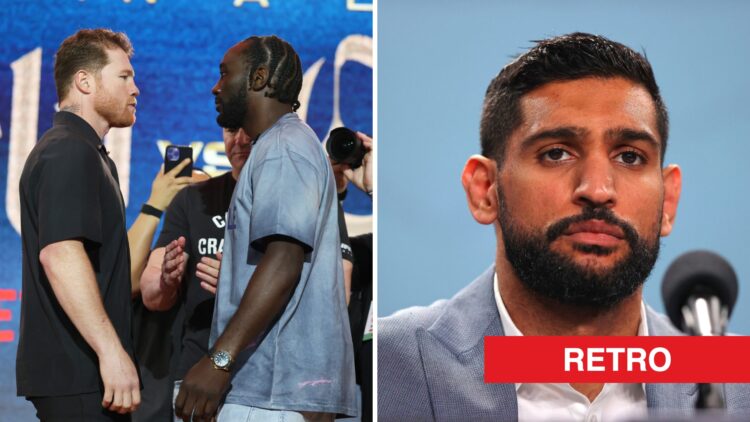 Canelo Alvarez and Terence Crawford at their Press Conference at Fanatics Fest, New York City, Amir Khan answers a question from the media during a...