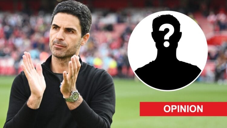 Mikel Arteta with head in hands (left) and mystery overlay image to the right
