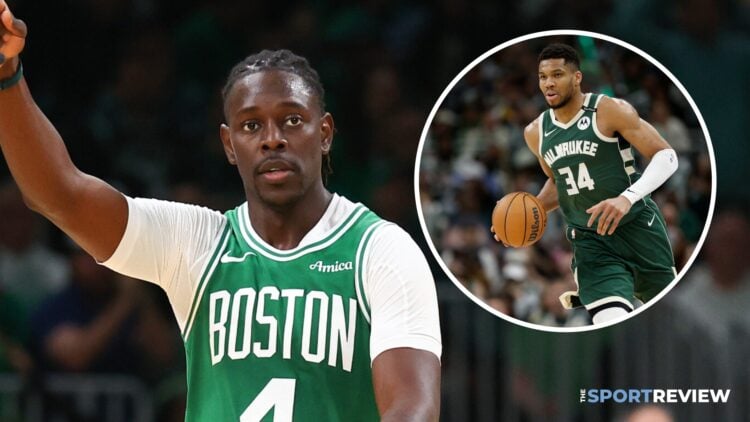 Jrue Holiday of the Boston Celtics (left) and Giannis Antetokounmpo of the Milwaukee Bucks (right)