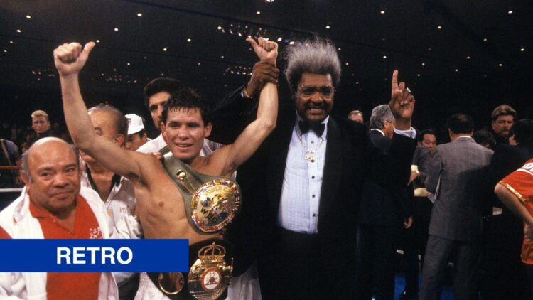 Julio Cesar Chavez celebrates winning the WBC lightweight title and WBA World lightweight title fight against Jose Luis Ramirez