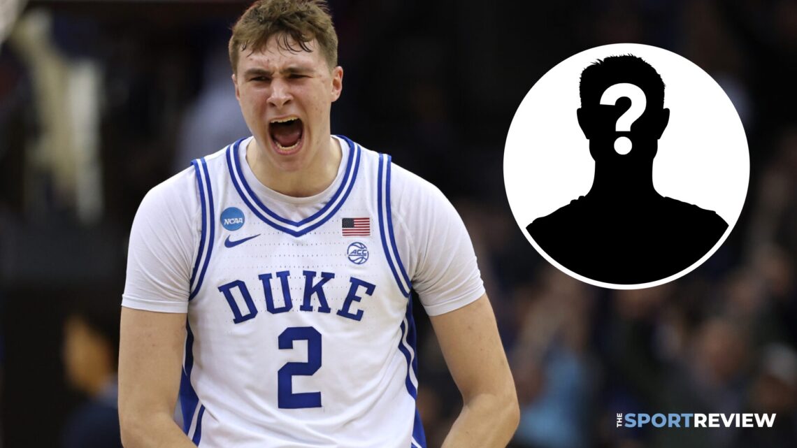 Main: Cooper Flagg celebrating for Duke Blue Devils. Inset: mystery player.