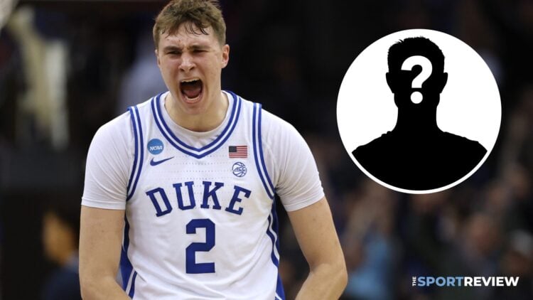 Main: Cooper Flagg celebrating for Duke Blue Devils. Inset: mystery player.