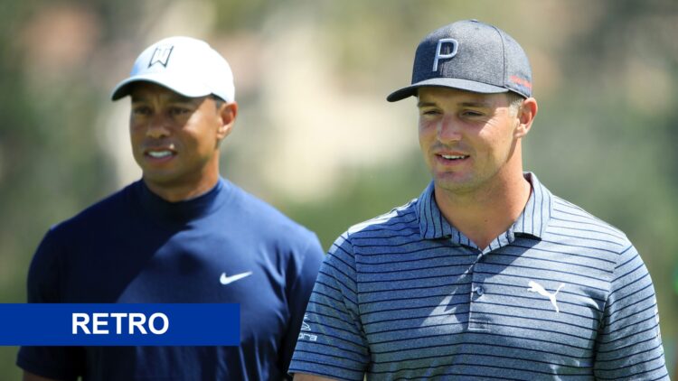 Tiger Woods and Bryson DeChambeau stand on the sixth green during a practice round prior to the 2019 U.S. Open at Pebble Beach