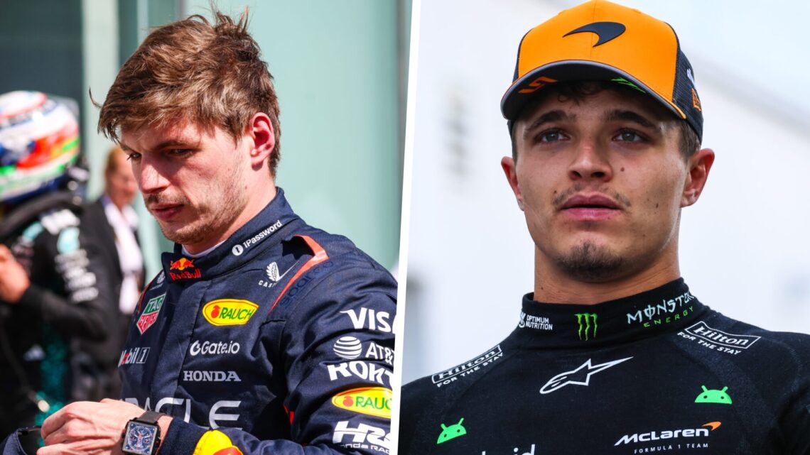 Left: Red Bull's Max Verstappen in Parc ferme after the 2025 Canadian Grand Prix. Right: Lando Norris of McLaren walks in the Formula 1 paddock.