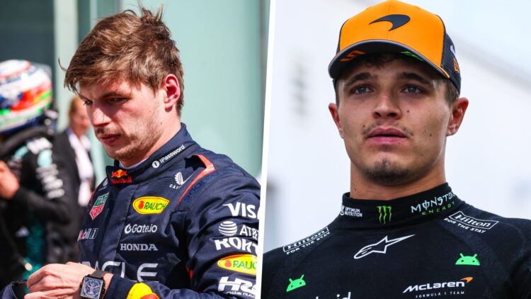 Left: Red Bull's Max Verstappen in Parc ferme after the 2025 Canadian Grand Prix. Right: Lando Norris of McLaren walks in the Formula 1 paddock.