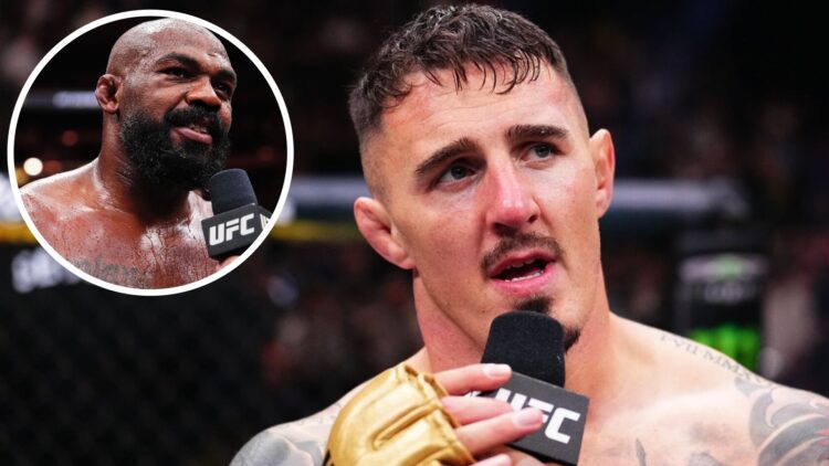 Tom Aspinall speaks after his win over Curtis Blaydes at UFC 304, inset Jon Jones speaks after his UFC 309 win over Stipe Miocic