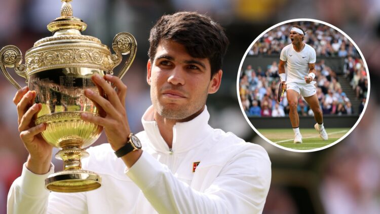 Carlos Alcaraz (left) holding the Wimbledon trophy, and Rafael Nadal (right) celebrates a point at Wimbledon.