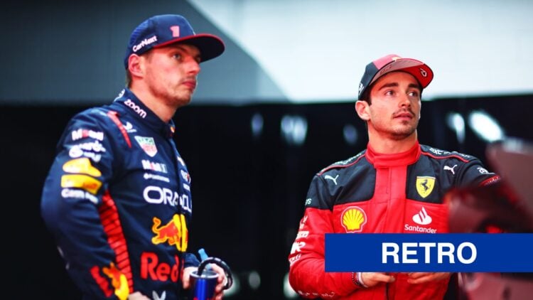 Red Bull's Max Verstappen and Ferrari's Charles Leclerc stand together after qualifying for the 2023 Brazilian Grand Prix.