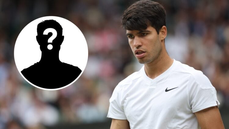 Carlos Alcaraz (right) at Wimbledon 2024, and a mystery person