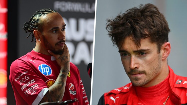 Lewis Hamilton (left) of Ferrari looks on at Austrian GP media day, and Charles Leclerc (right) of Ferrari looks dejected in Parc Ferme.