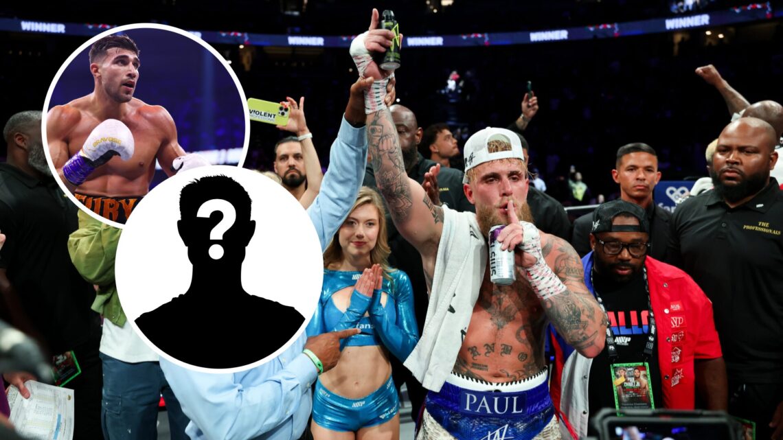 Jake Paul celebrates his win via unanimous decision against Julio Cesar Chavez Jr, Tommy Fury looks on during his fight against KSI on the Misfits ...