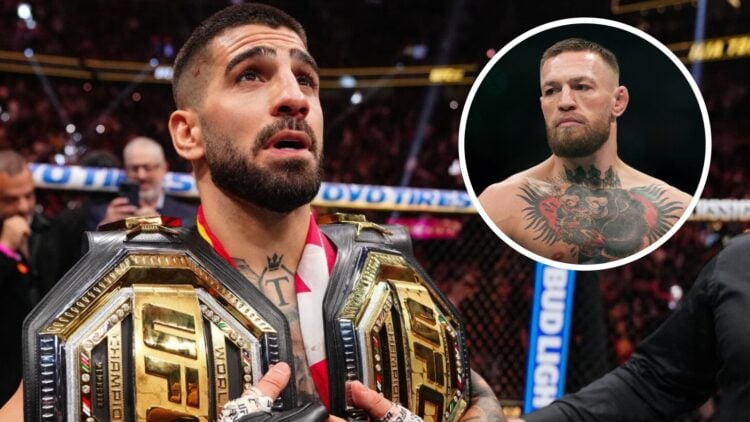 Ilia Topuria reacts after beating Charles Oliveira at UFC 317, inset Conor McGregor prepares to face Dustin Poirier at UFC 264