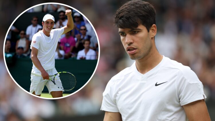 Oliver Tarvet (left) at Wimbledon 2025, and Carlos Alcaraz (right) at Wimbledon 2024