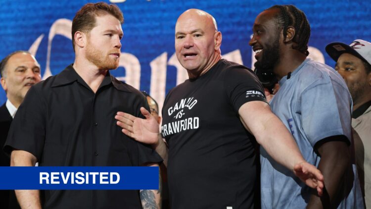 Canelo Alvarez and Terence Crawford are separated by Dana White during the press conference to announce their fight