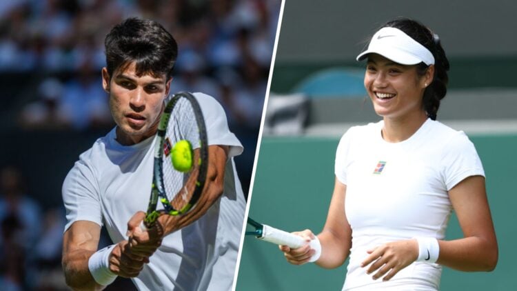 Carlos Alcaraz (left) hitting a backhand at Wimbledon 2025, and Emma Raducanu (right) smiling during a Wimbledon warm up