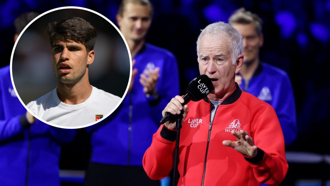 John McEnroe speaking at the Laver Cup with an inset of Carlos Alcaraz