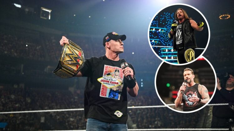 John Cena on WWE Raw with insets of CM Punk and AJ Styles