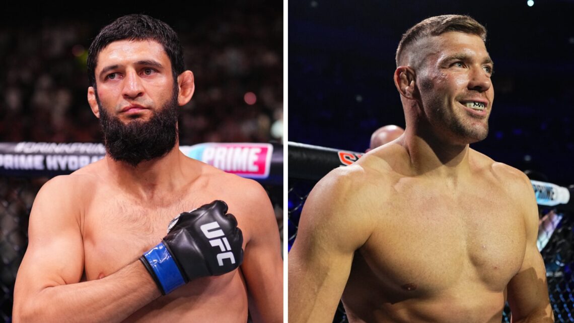Left: Khamzat Chimaev prepares to face Robert Whittaker in a middleweight fight at UFC 308. Right: Dricus Du Plessis prepares to face Sean Strickla...