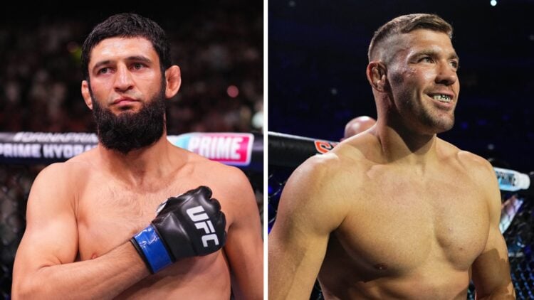 Left: Khamzat Chimaev prepares to face Robert Whittaker in a middleweight fight at UFC 308. Right: Dricus Du Plessis prepares to face Sean Strickla...