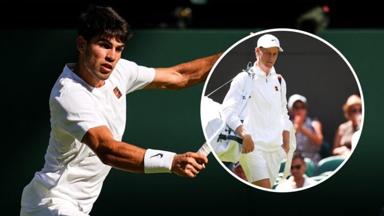 Carlos Alcaraz (left) playing a backhand, and Jannik Sinner (right) arrives on Centre Court