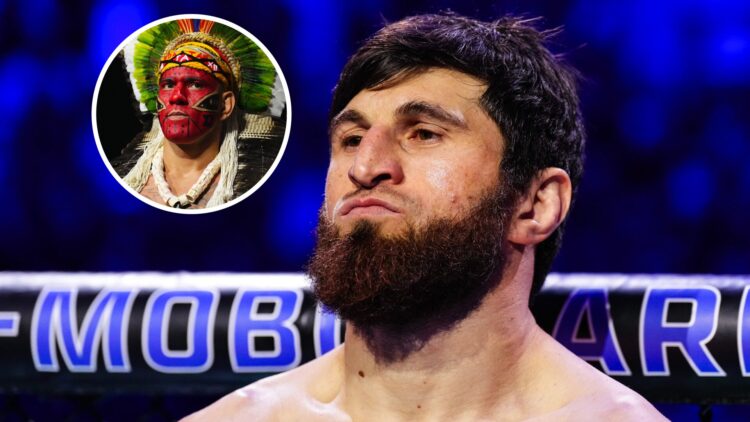 Main: Magomed Ankalaev in the Octagon ahead of UFC 313 light heavyweight title fight with Alex Pereira. Inset: Alex Pereira during UFC 313 weigh-ins.