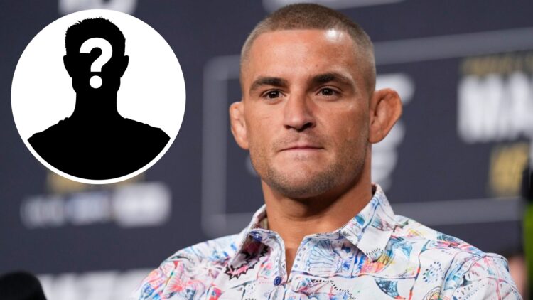 Dustin Poirier on stage at the UFC 302 press conference, inset mystery icon