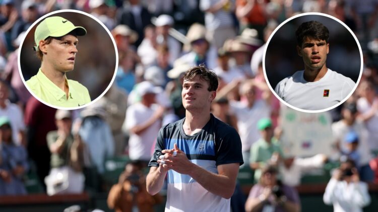 Jack Draper at Indian Wells in 2025 with insets of Carlos Alcaraz and Jannik Sinner
