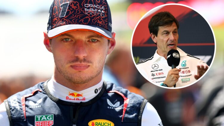Max Verstappen (left) on the grid before the Austrian Grand Prix, and Toto Wolff (right) at a press conference before the Austrian Grand Prix