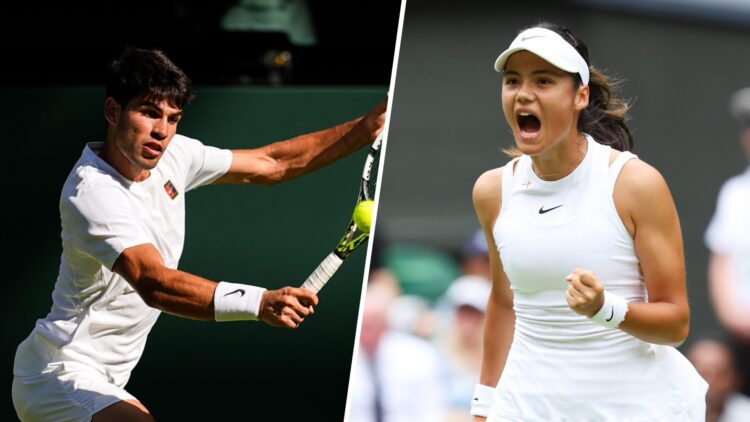 Carlos Alcaraz (left) plays a backhand, Emma Raducanu (right) celebrates winning a point at Wimbledon