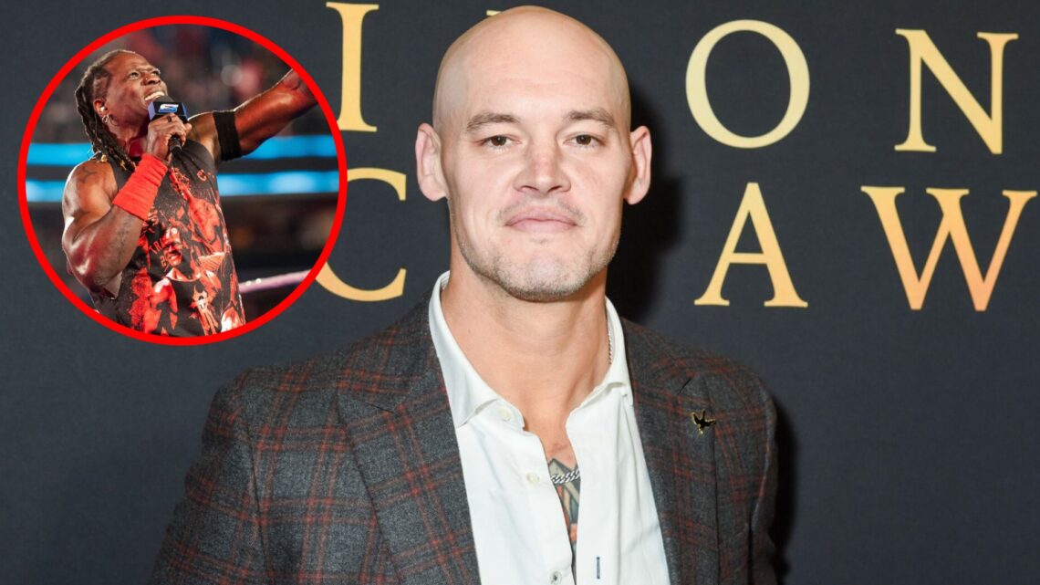 Baron Corbin in attendance at the Los Angeles premiere of 'The Iron Claw' with an inset of R-Truth making his entrance on the February 14 episode o...
